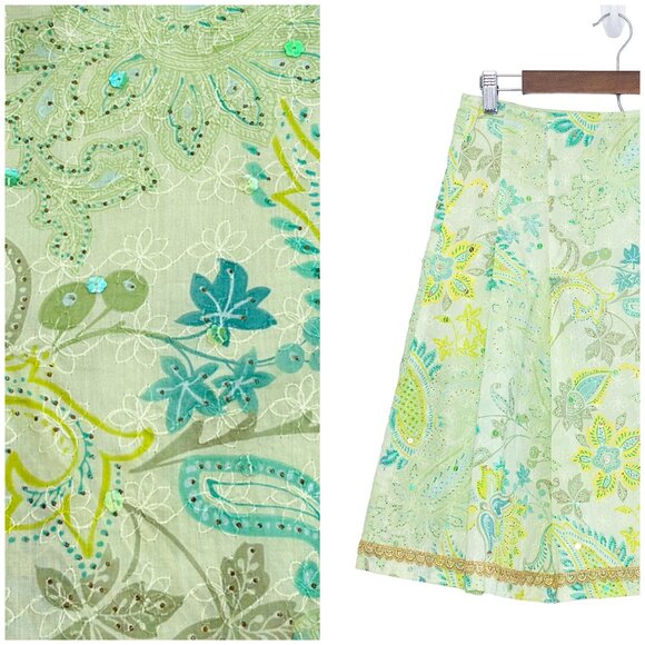Express Dresses & Skirts - VTG Express Y2K Paisley A-Line Skirt Women 2 Fairy Sequin Embroidered Patchwork